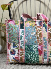 Handblock Patchwork Printed Quilted Tote Bag with magnetic snap closure - The Comfy Dreams