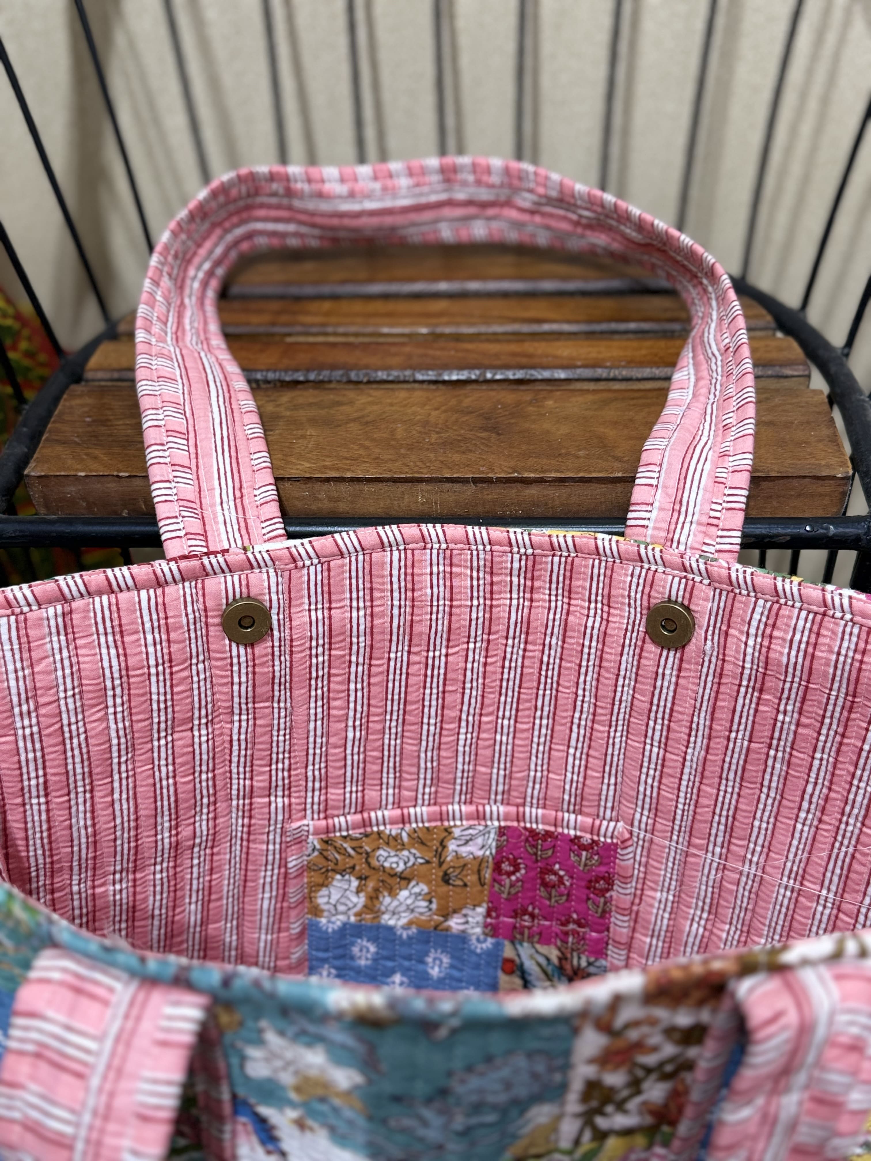 Handblock Patchwork Printed Quilted Tote Bag with magnetic snap closure - The Comfy Dreams