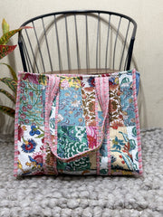 Handblock Patchwork Printed Quilted Tote Bag with magnetic snap closure - The Comfy Dreams