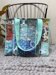 Handblock Patchwork Printed Quilted Tote Bag with magnetic snap closure - The Comfy Dreams