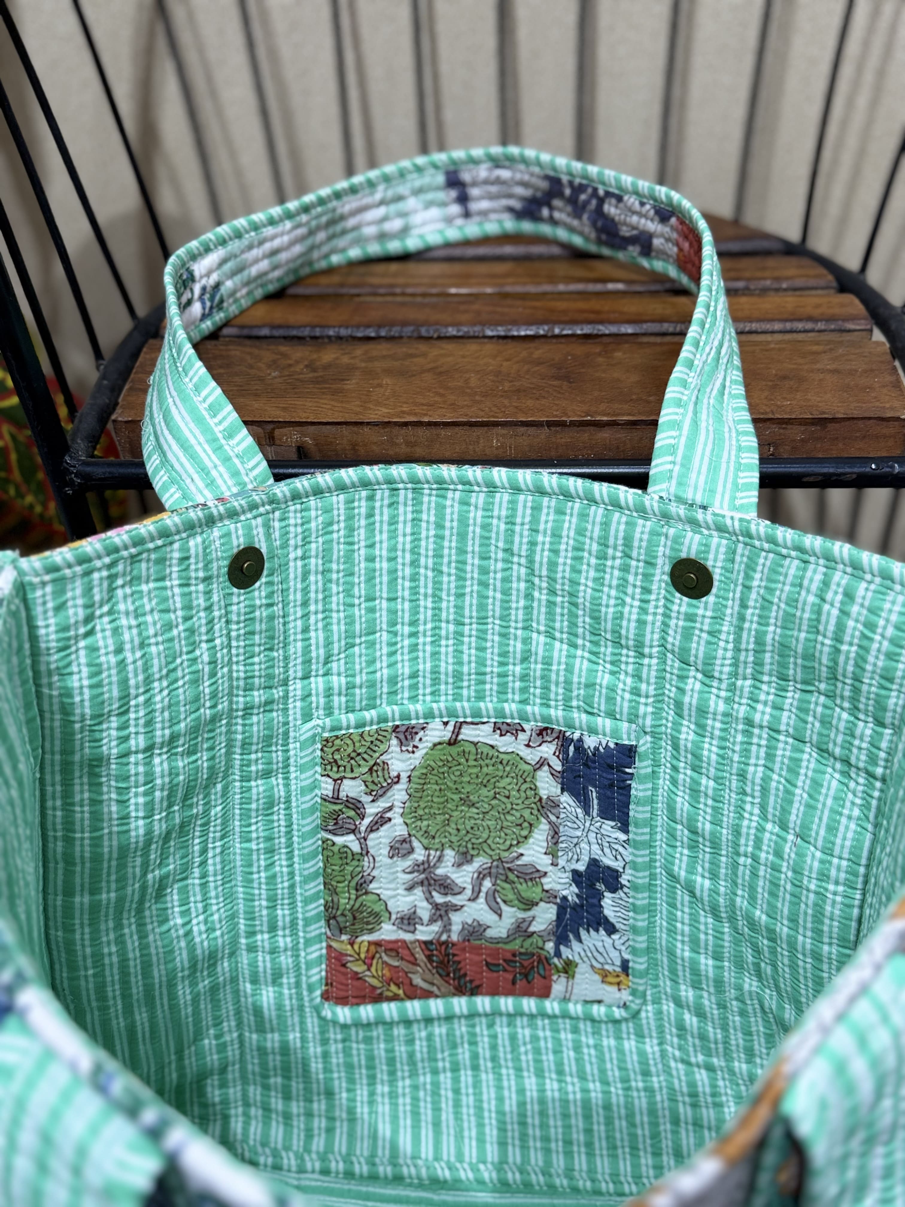 Handblock Patchwork Printed Quilted Tote Bag with magnetic snap closure - The Comfy Dreams