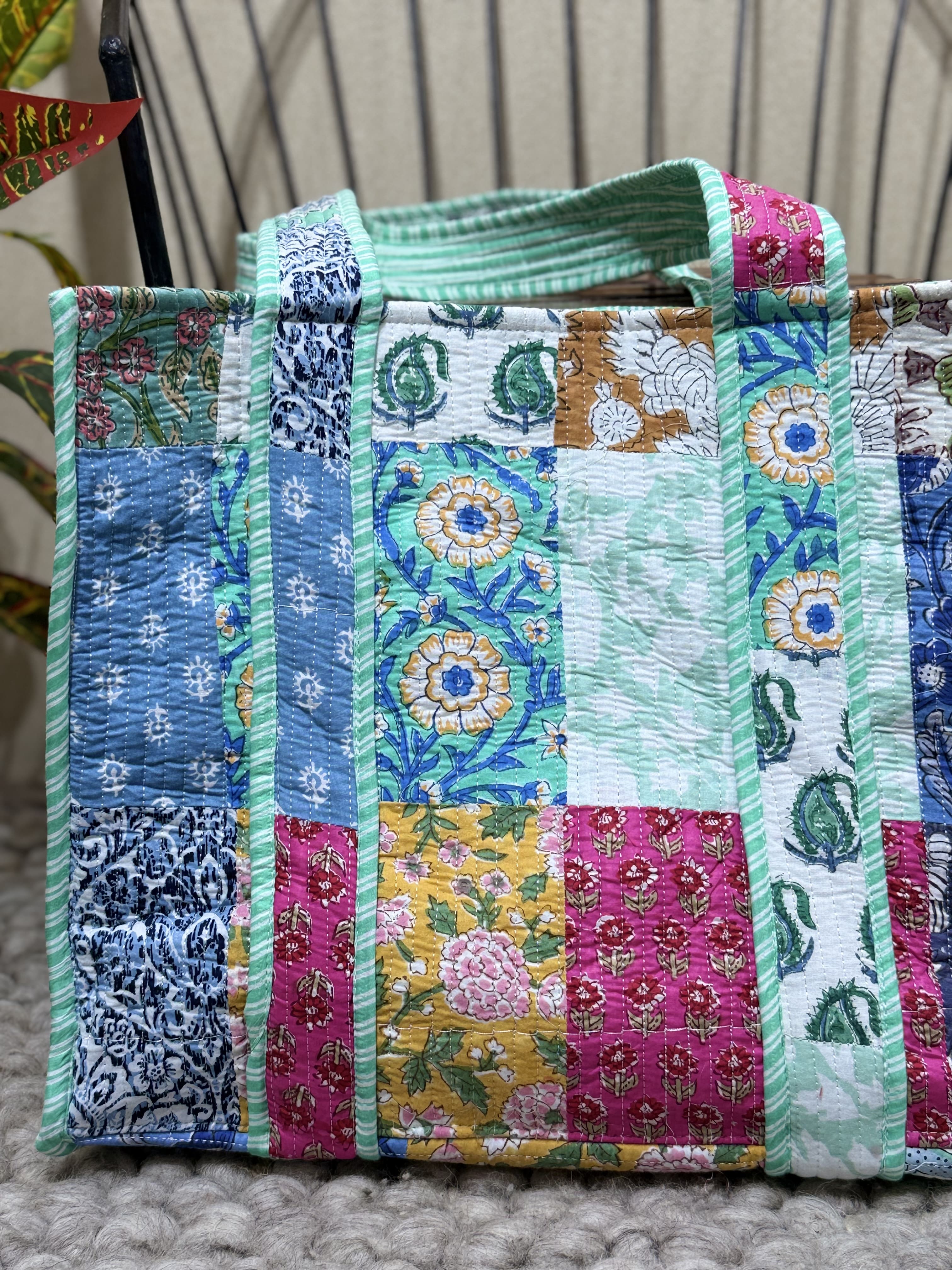 Handblock Patchwork Printed Quilted Tote Bag with magnetic snap closure - The Comfy Dreams