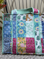 Handblock Patchwork Printed Quilted Tote Bag with magnetic snap closure - The Comfy Dreams