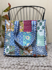 Handblock Patchwork Printed Quilted Tote Bag with magnetic snap closure - The Comfy Dreams
