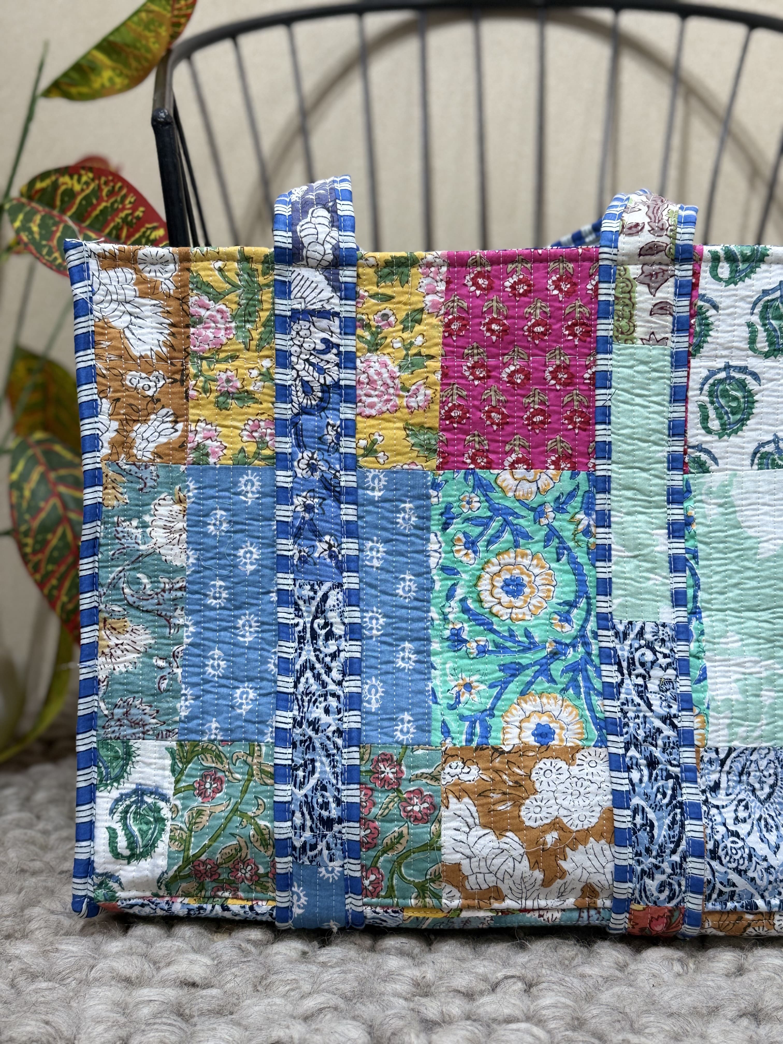 Handblock Patchwork Printed Quilted Tote Bag with magnetic snap closure - The Comfy Dreams