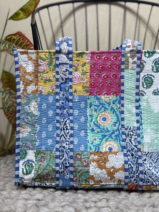 Handblock Patchwork Printed Quilted Tote Bag with magnetic snap closure - The Comfy Dreams