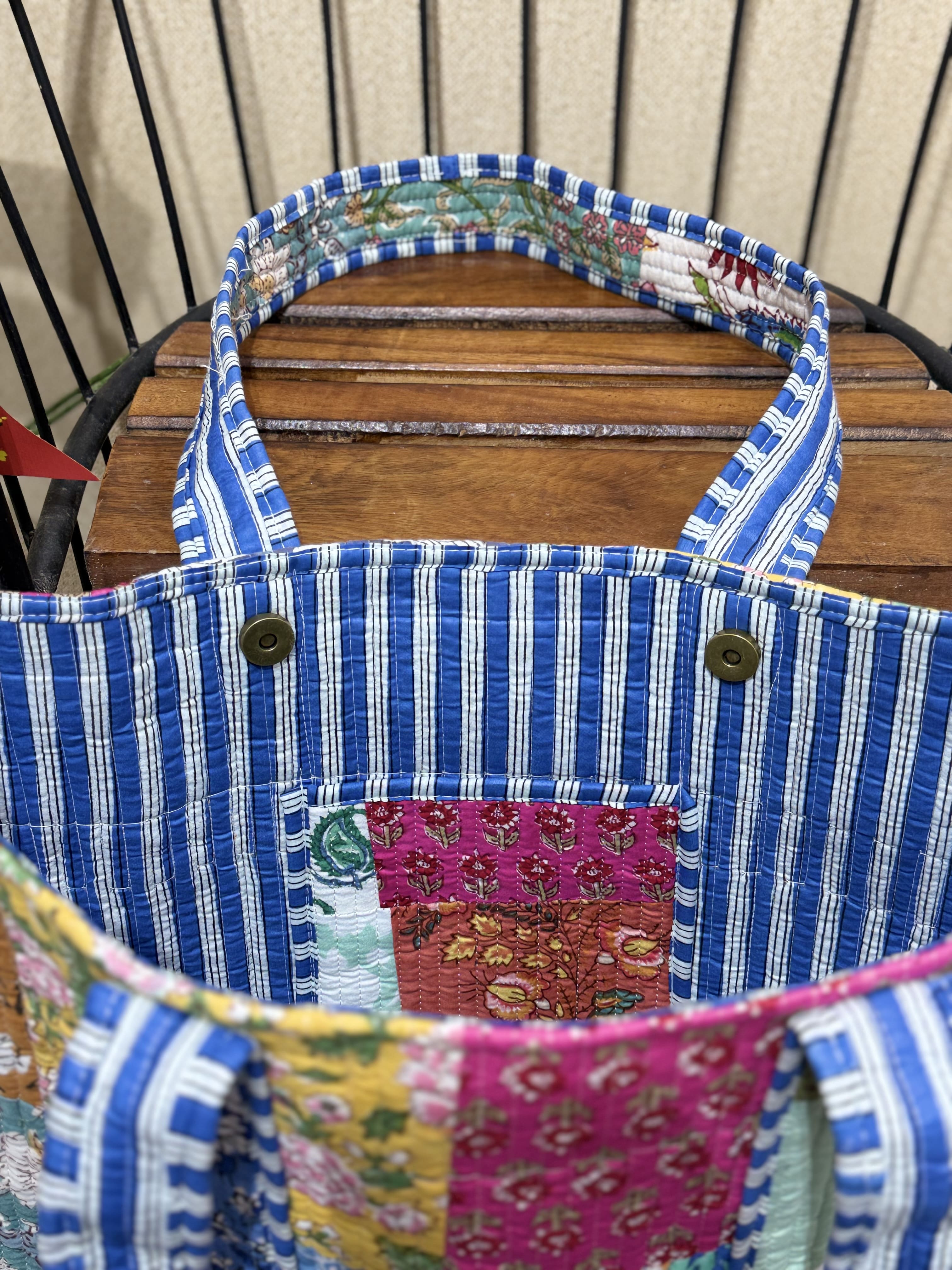 Handblock Patchwork Printed Quilted Tote Bag with magnetic snap closure - The Comfy Dreams