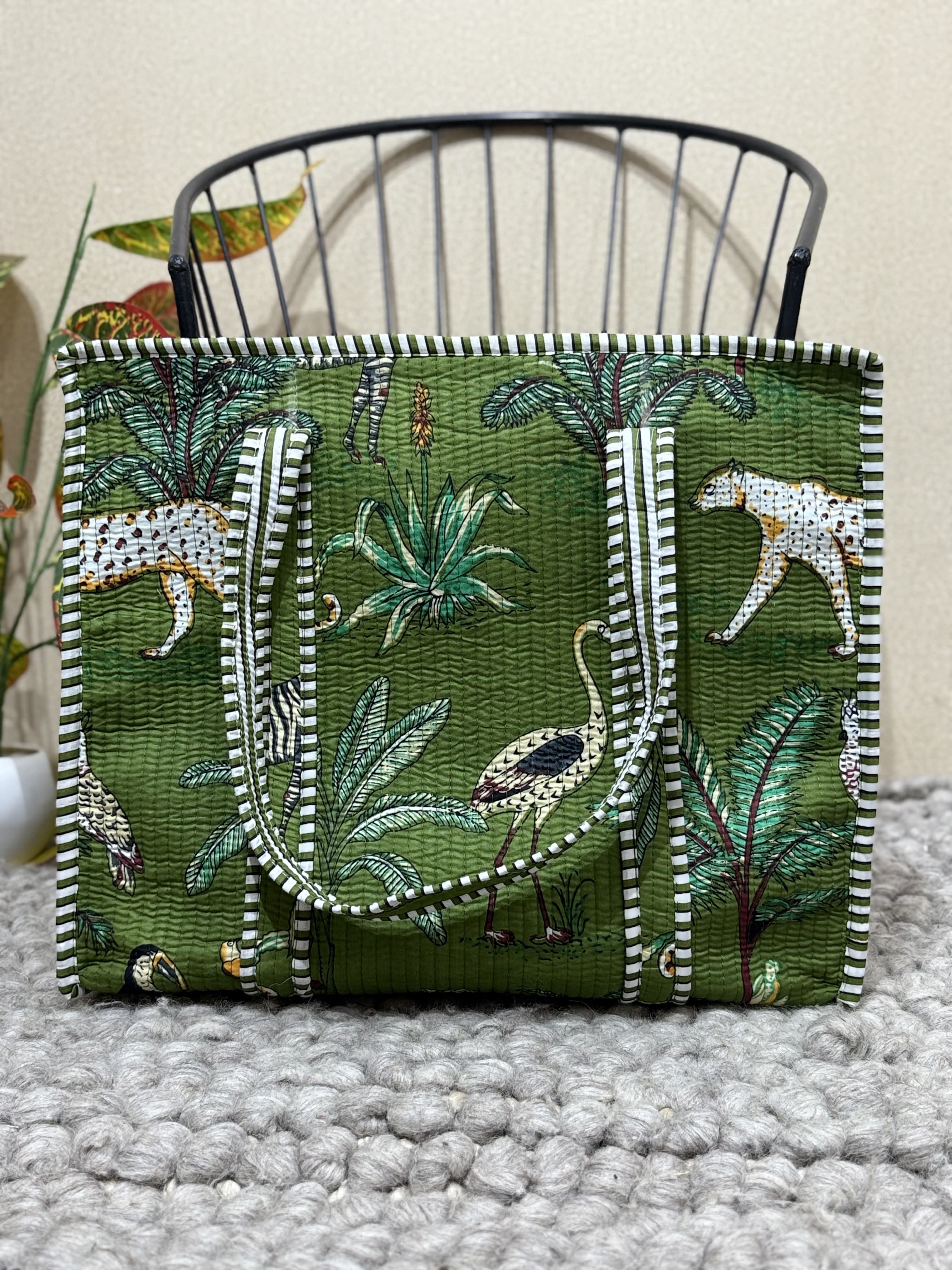 Handblock Printed Quilted Tote Bag with concealed zip - The Comfy Dreams