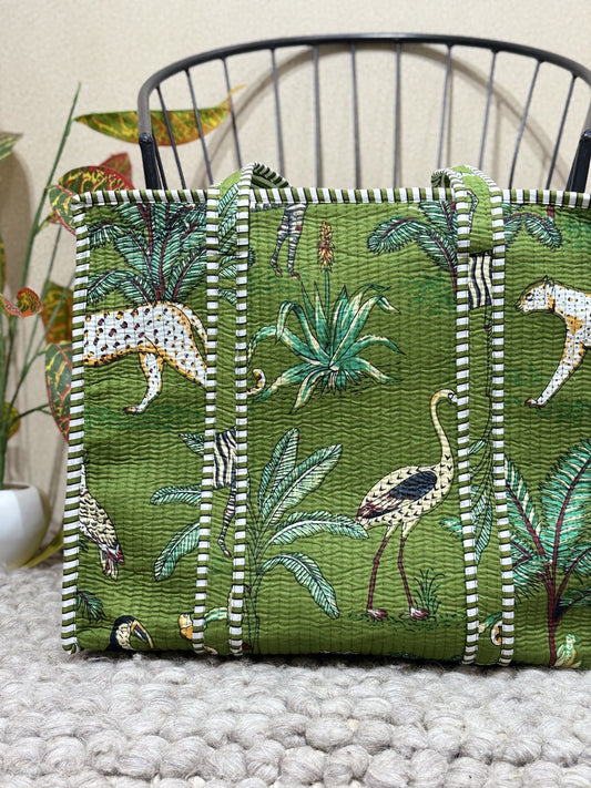 Handblock Printed Quilted Tote Bag with concealed zip - The Comfy Dreams
