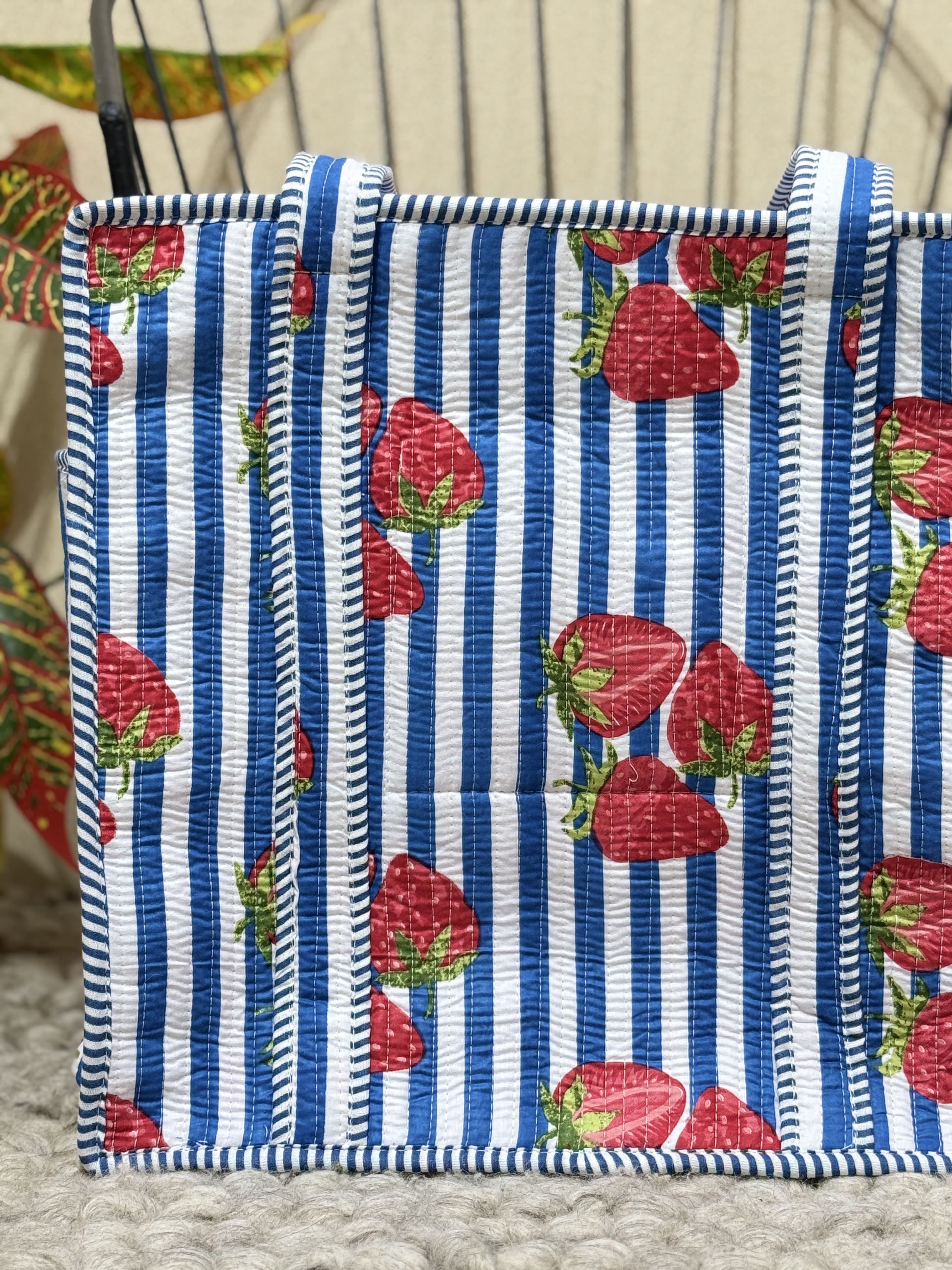 Handblock Printed Quilted Tote Bag with concealed zip - The Comfy Dreams