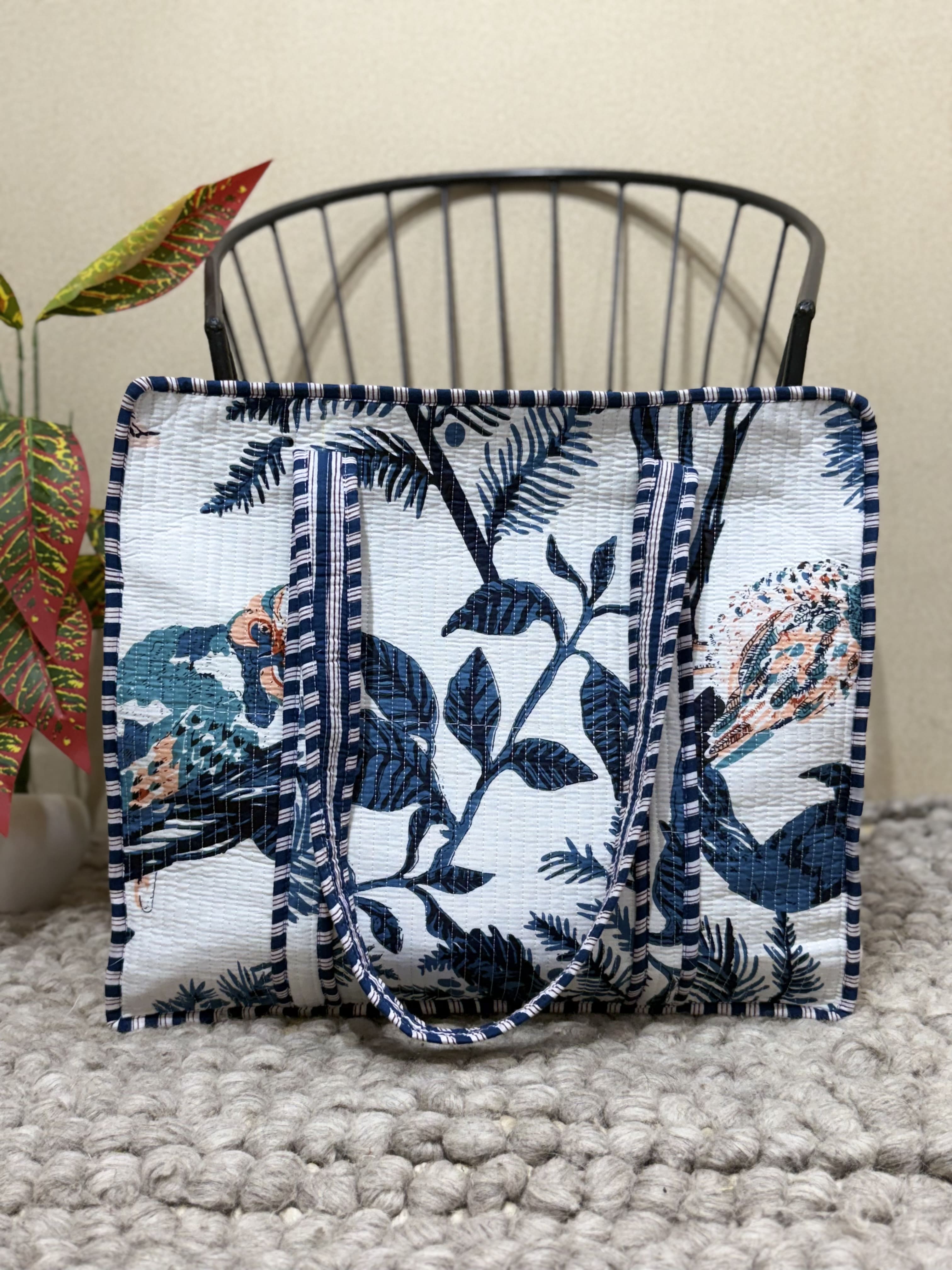 Handblock Printed Quilted Tote Bag with concealed zip - The Comfy Dreams