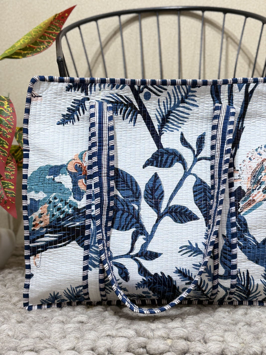 Handblock Printed Quilted Tote Bag with concealed zip - The Comfy Dreams