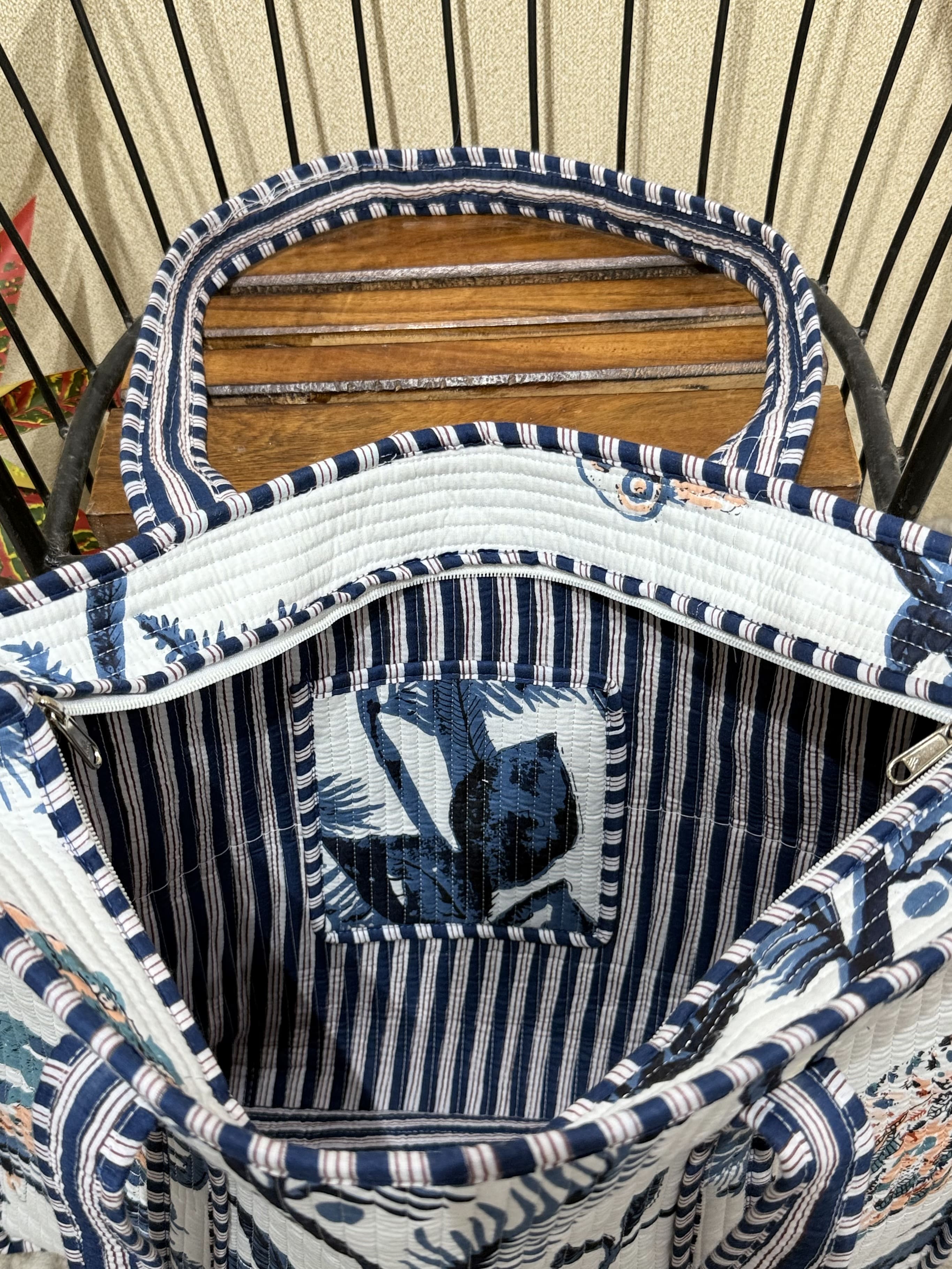 Handblock Printed Quilted Tote Bag with concealed zip - The Comfy Dreams