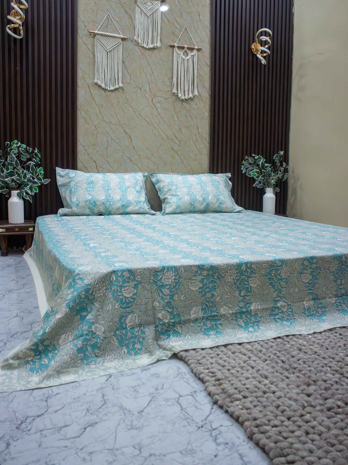 Turquoise Bliss Hand Block Bedsheet